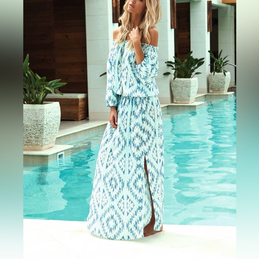 Melissa Odabash Faith Maxi Dress Blue Ikat Off Shoulder Boho Resort Beach OS